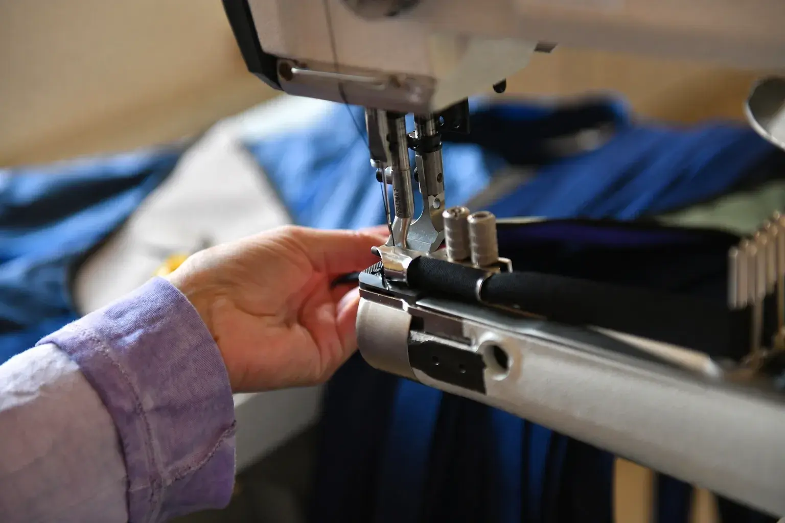 Detail of an industrial sewing machine during production